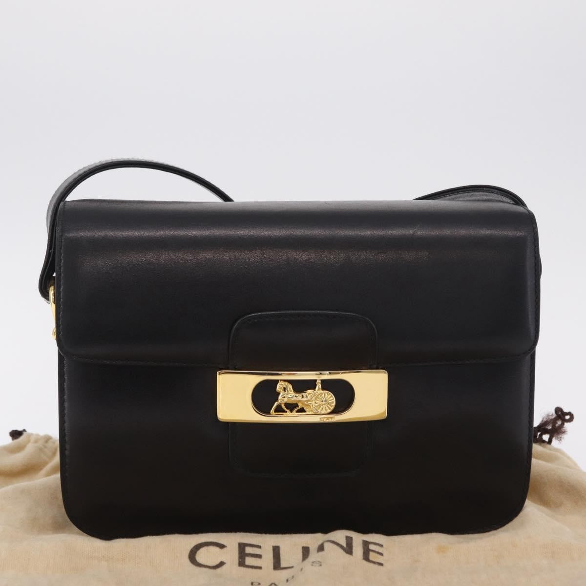 Celine Vintage Carriage Flap Leather, Black, Leather, Handbag