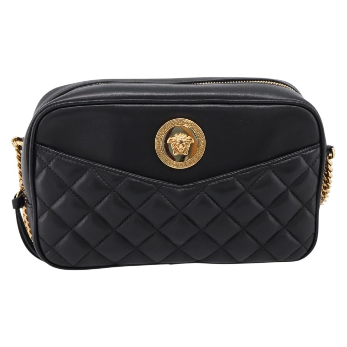 Versace Medusa Icon Front Slip Pocket Camera Quilted Leather, Black, Leather, Handbag