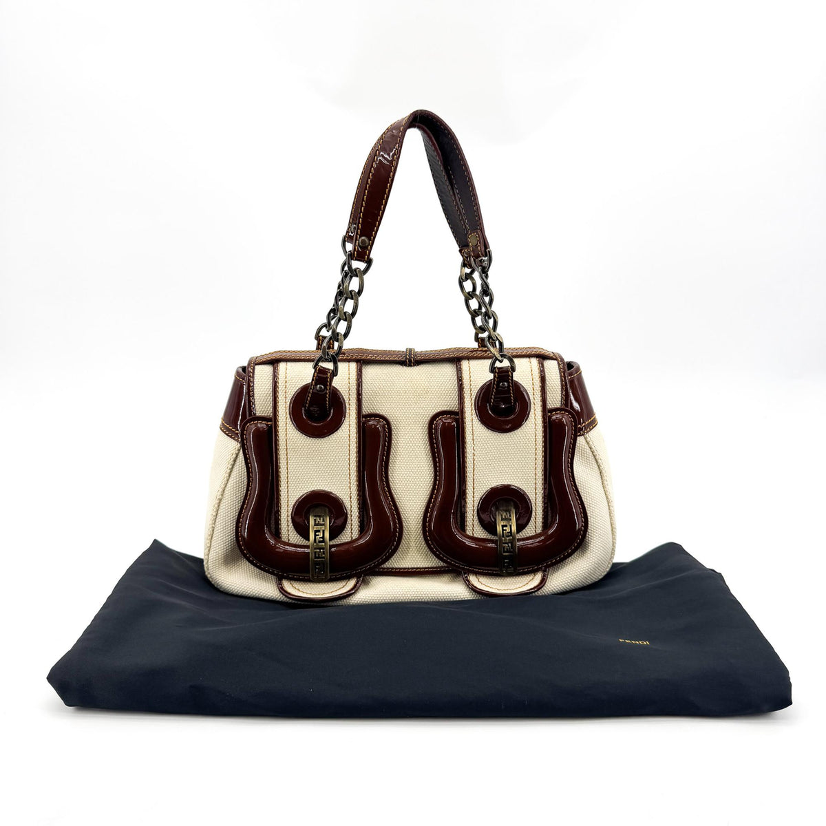 Fendi B. Bag Canvas with Patent, Brown, Canvas, Handbag