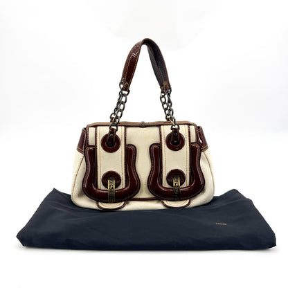 Fendi B. Bag Canvas with Patent, Brown, Canvas, Handbag
