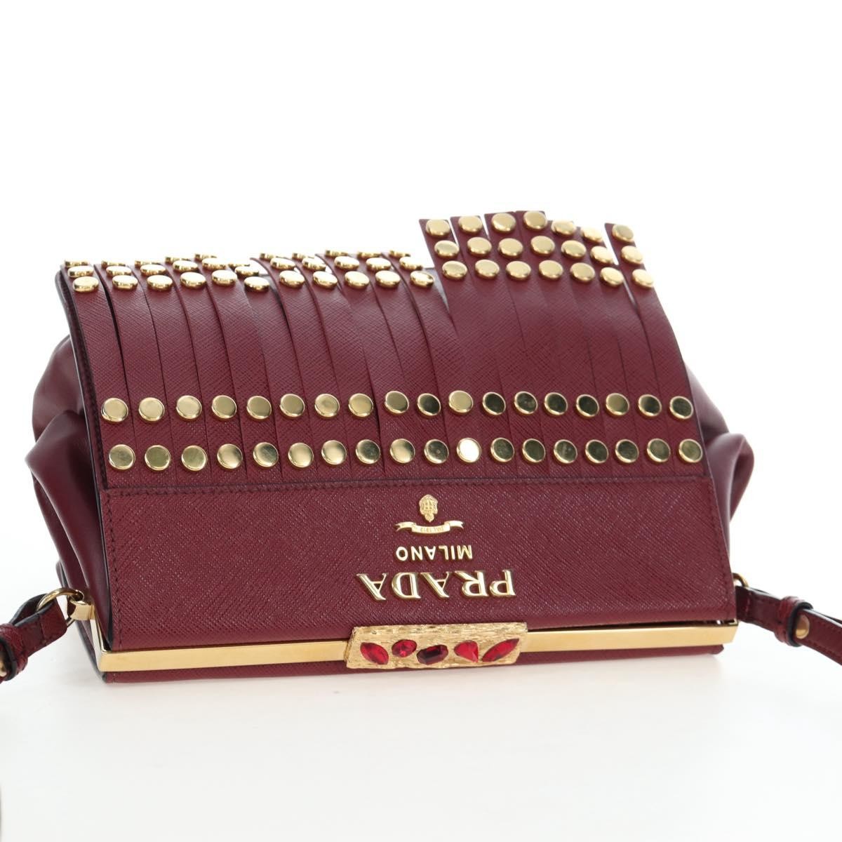 Prada Idol Studded Fringe Saffiano Leather, Burgundy, Leather, Shoulder Bag