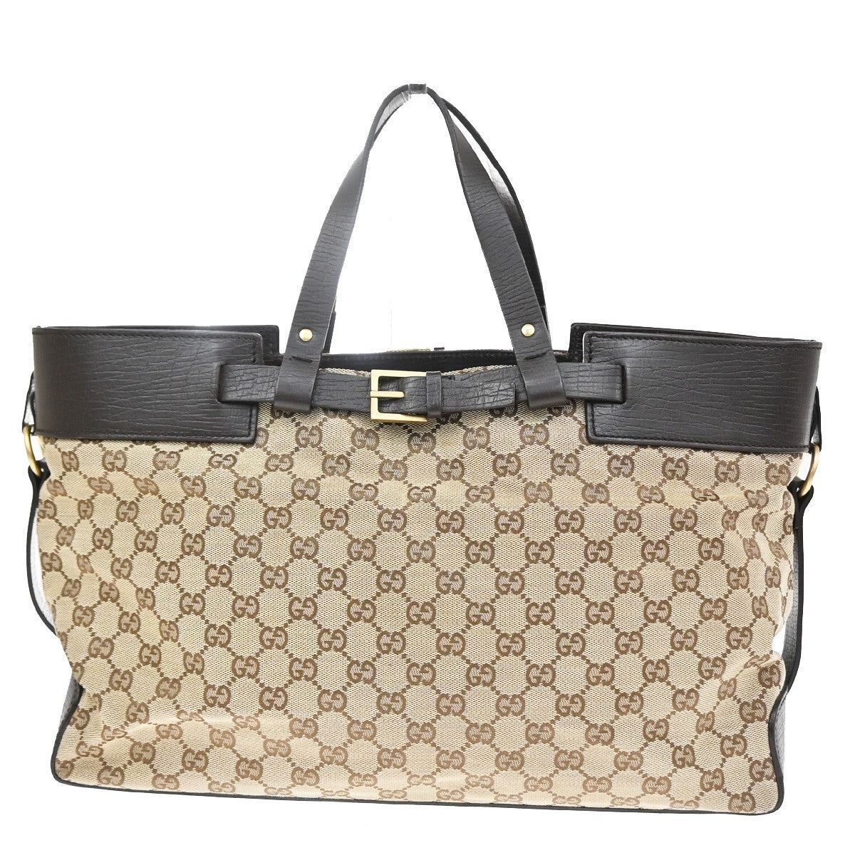 Gucci Belted Bucket GG Canvas with Leather, Brown, Canvas, Tote Bag