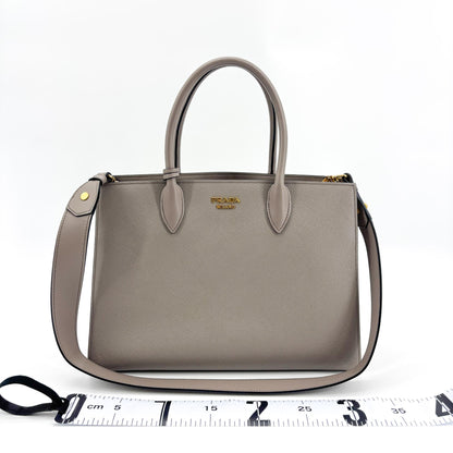 Prada Side Pleat Saffiano Leather, Gray, Leather, Tote Bag