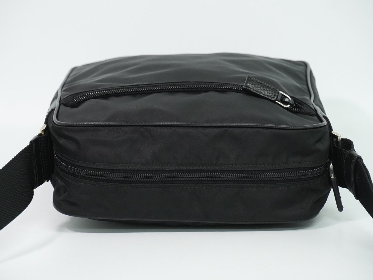 Prada Front Zip Messenger Quilted Tessuto, Black, Nylon, Shoulder Bag