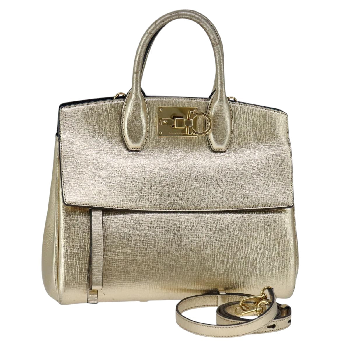 Salvatore Ferragamo Gancini, Gold, Leather, handbag