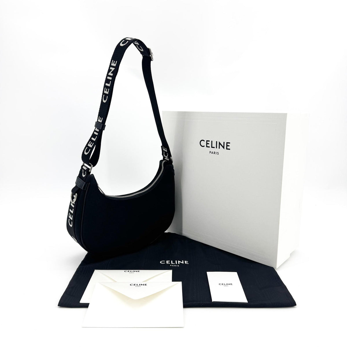 Celine Ava Triomphe Coated Canvas, Black, Textile, Handbag