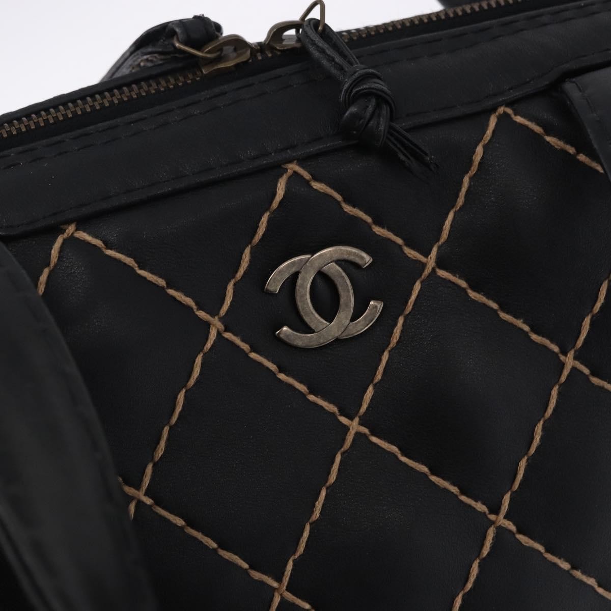 Chanel Surpique Zip Around Satchel Quilted Leather, Black, Leather, Handbag