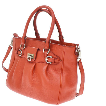 Salvatore Ferragamo Gancini Handle Leather, Orange, Leather, Tote Bag