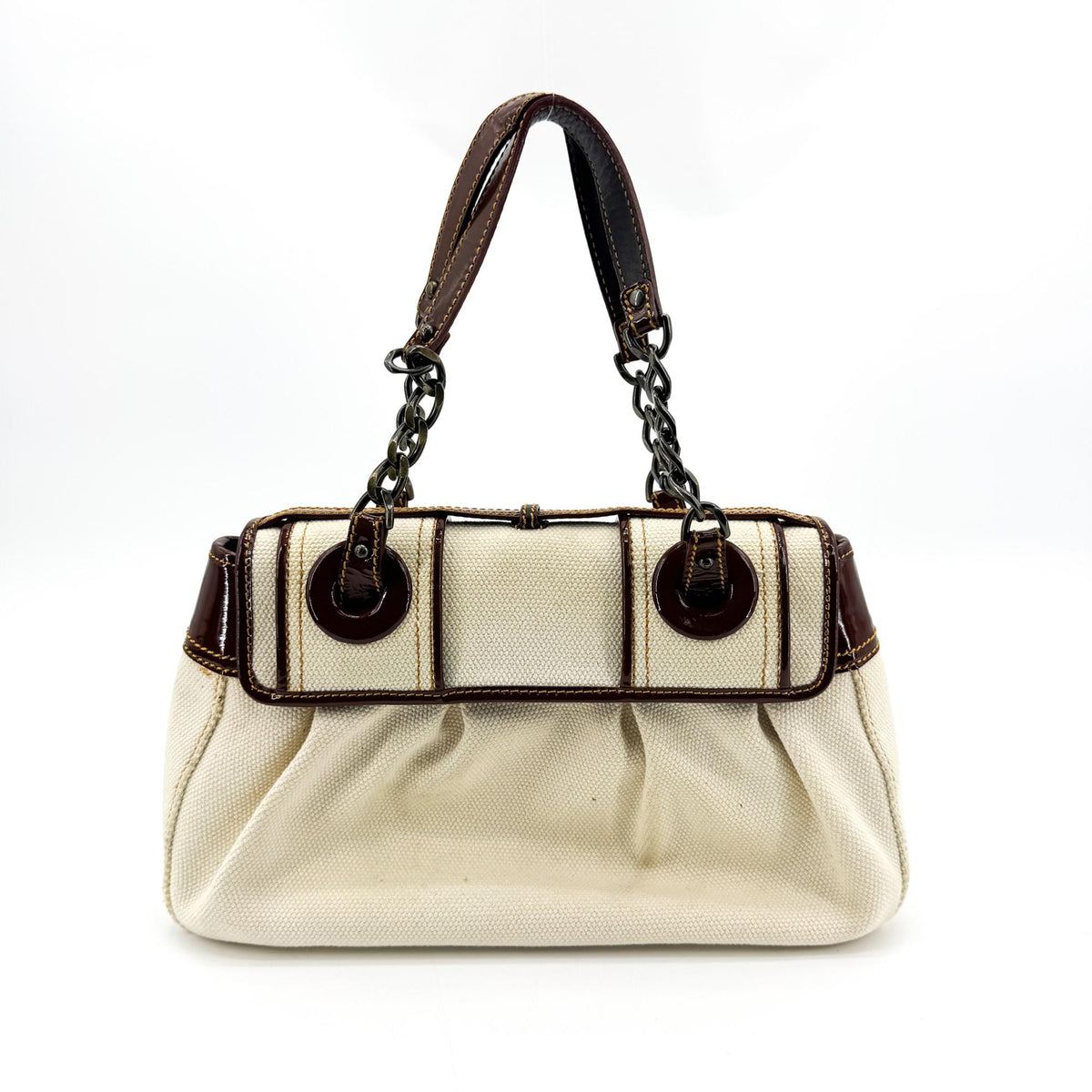 Fendi B. Bag Canvas with Patent, Brown, Canvas, Handbag