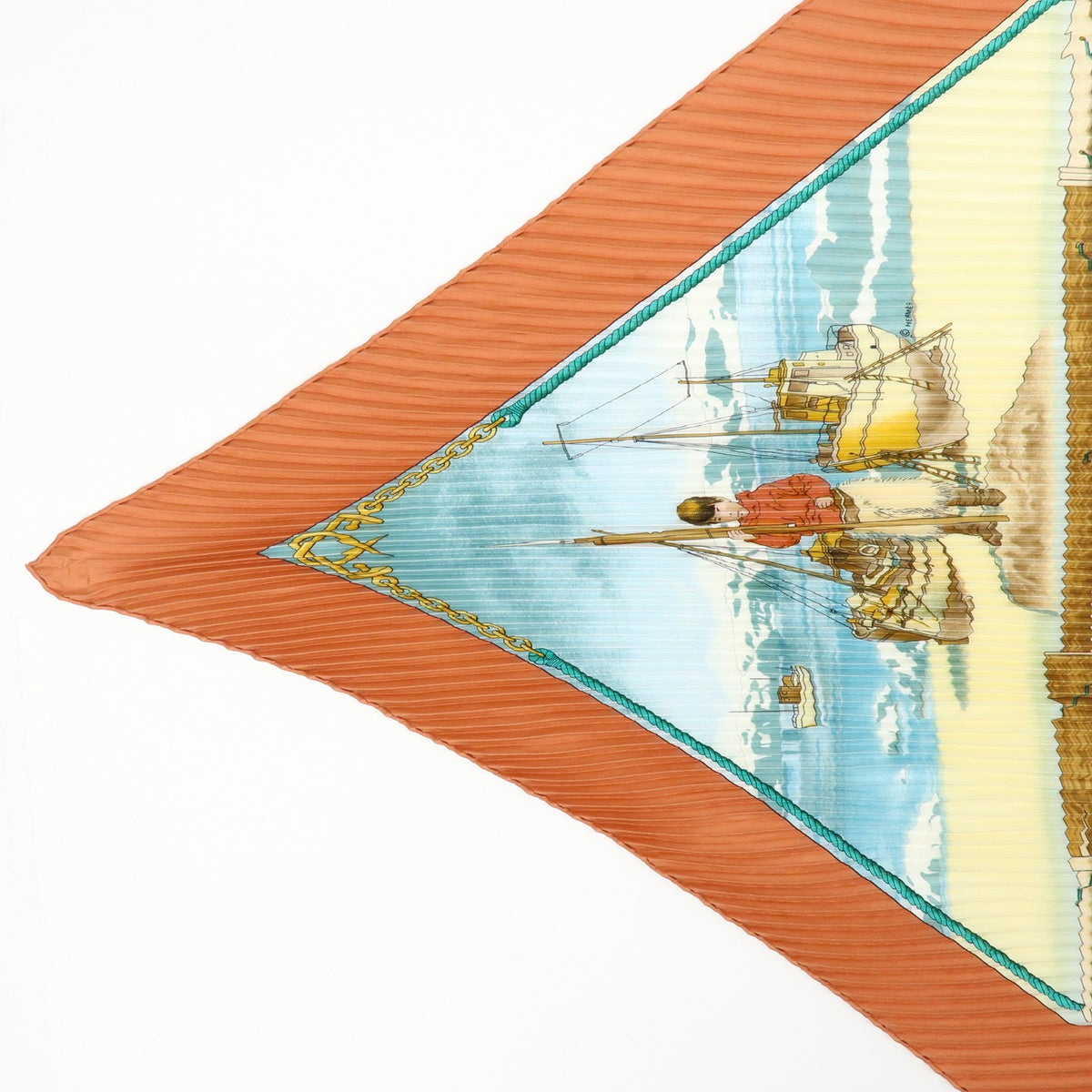 Hermes Gronland Pleated Silk, Brown, Silk, Scarf