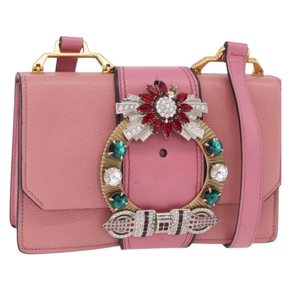 Miu Miu Madras Crystal Buckle Leather, Pink, Leather, Shoulder Bag