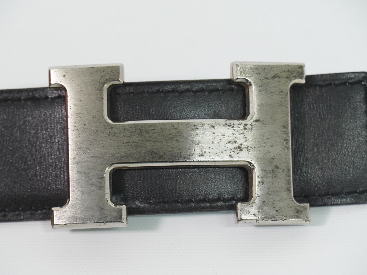 Hermes Constance Reversible Belt Leather with Guilloche Hardware, Black, Leather, Belt