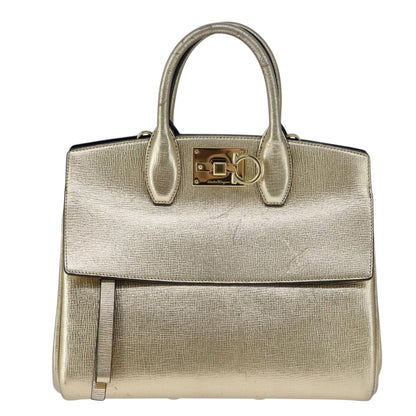 Salvatore Ferragamo Gancini, Gold, Leather, handbag