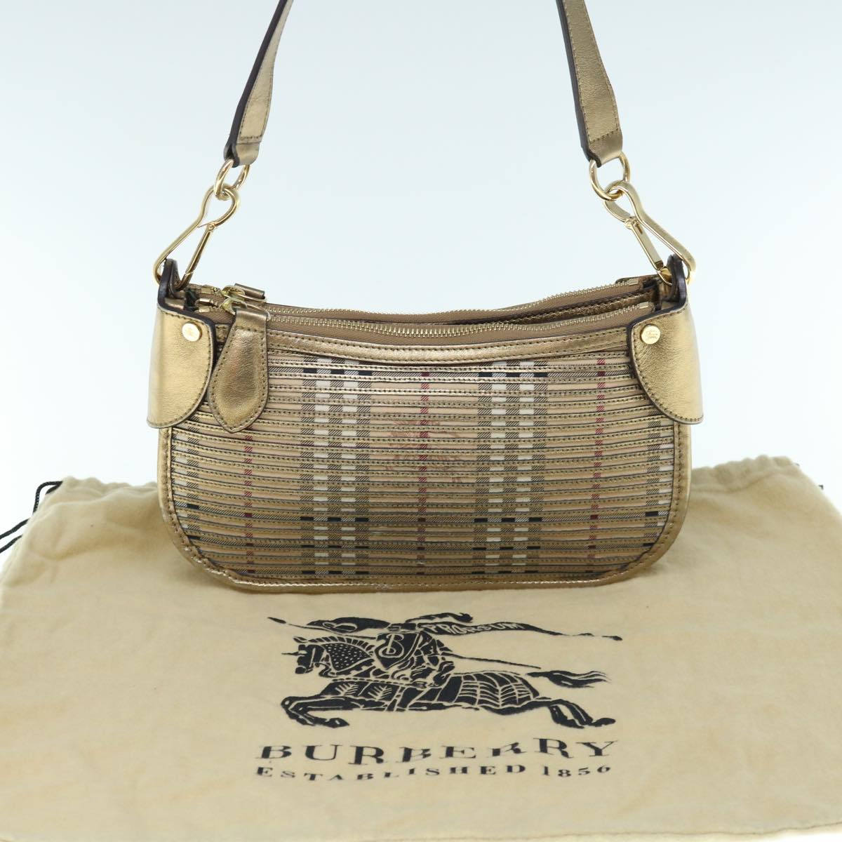 Burberry Lollard Shoulder Bag Haymarket Canvas with Leather, GOLD, LEATHER, Shoulder bag