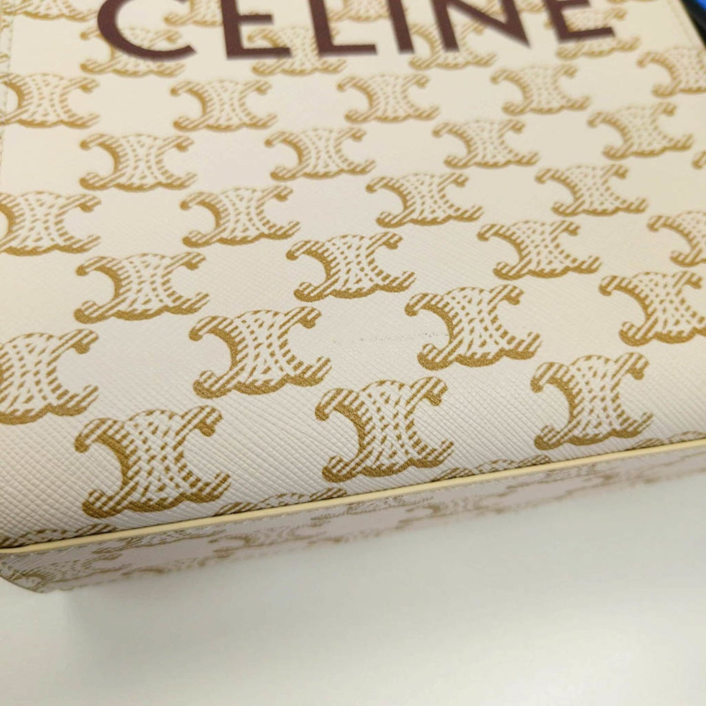 Celine Vertical Cabas Tote Triomphe Coated Canvas, White, Canvas, Handbag