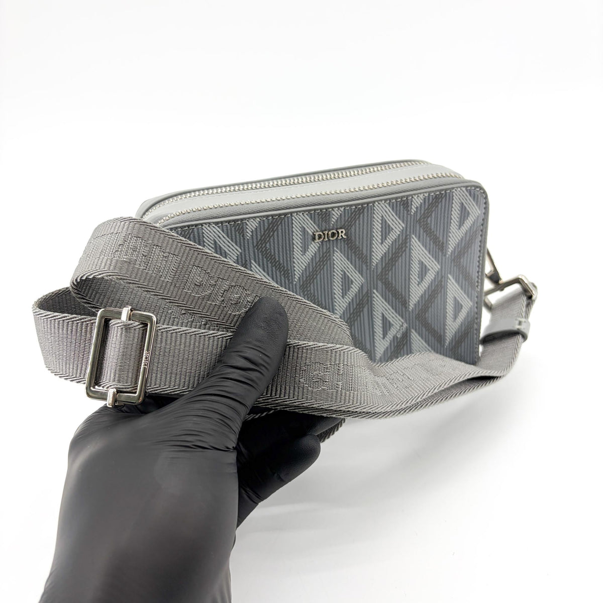 Christian Dior Double Zip CD Diamond Coated Canvas, Gray, Canvas, Crossbody Bag