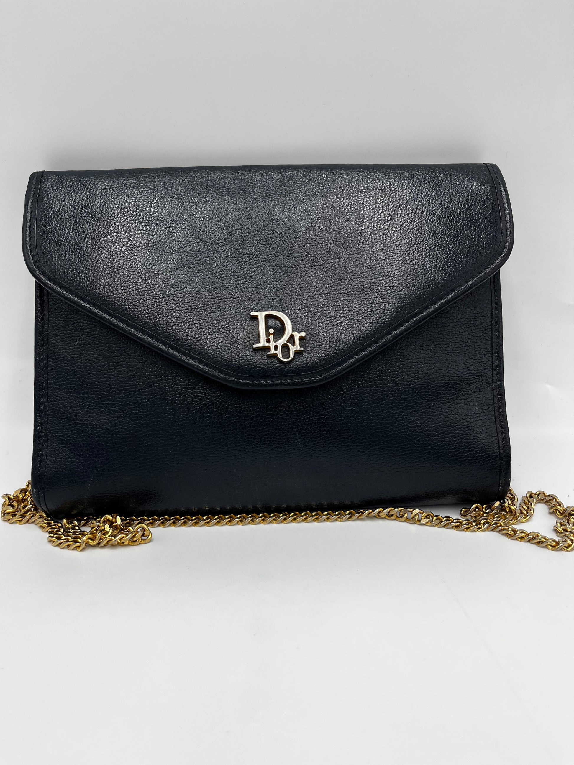 Christian Dior Vintage CD Chain  Shoulder Bag Leather, Black, Leather, Clutch