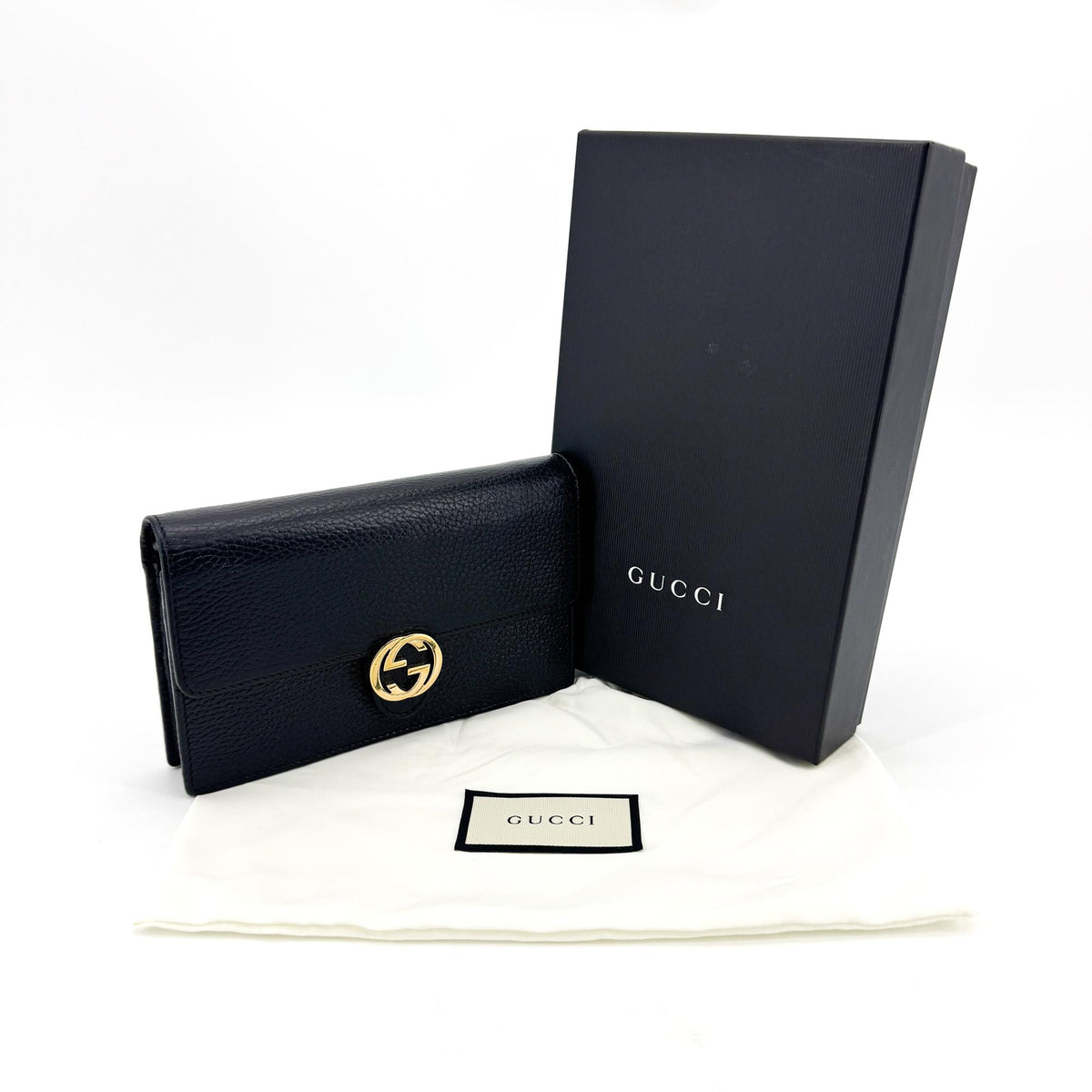 Gucci Interlocking Wallet on Chain Leather, Black, Leather, Shoulder Bag