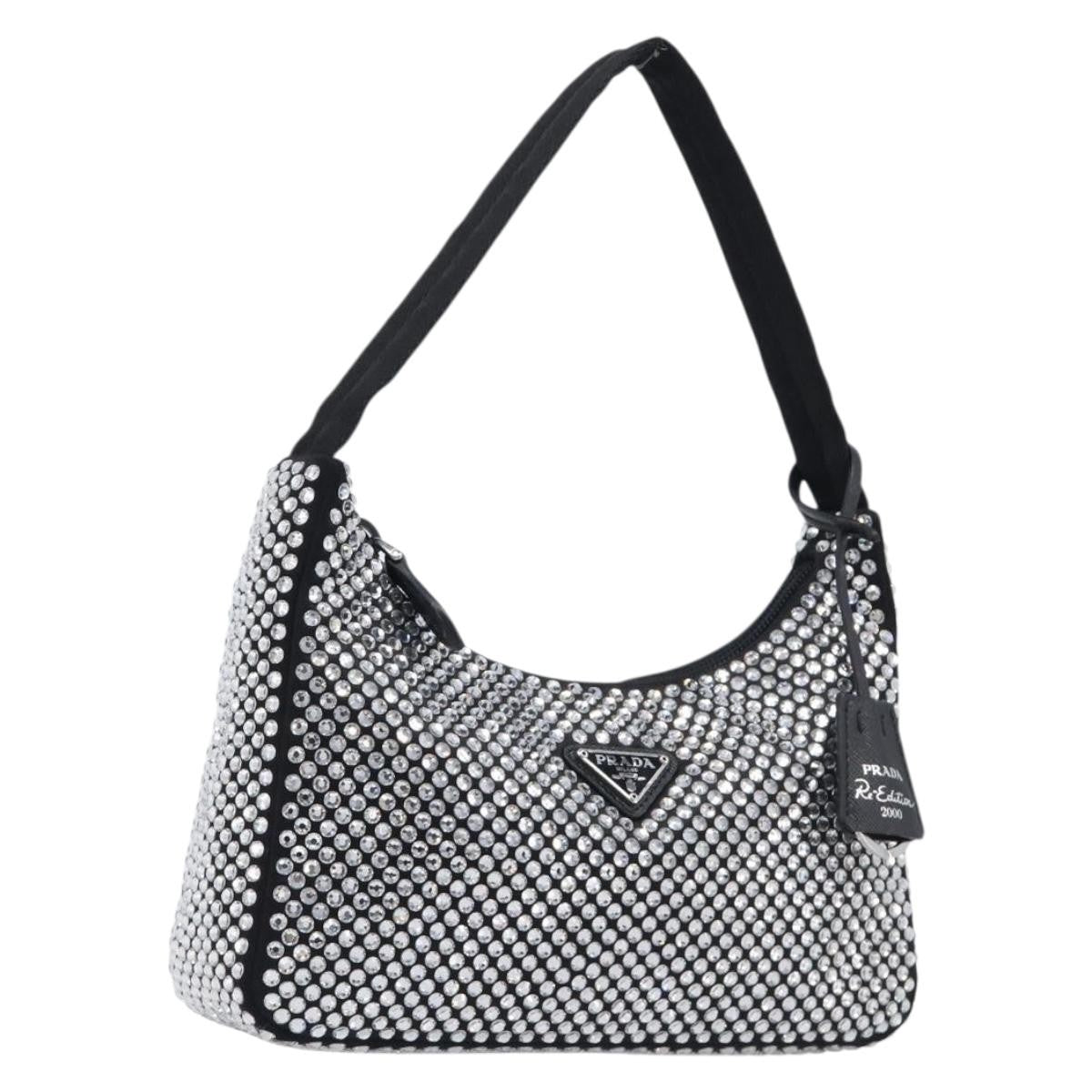 Prada Re-Edition 2000 Hobo Crystal Embellished Satin, Silver, Silk, Shoulder Bag