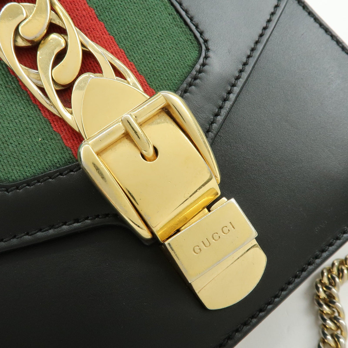 Gucci Sylvie Chain Leather, Black, Leather, Shoulder Bag