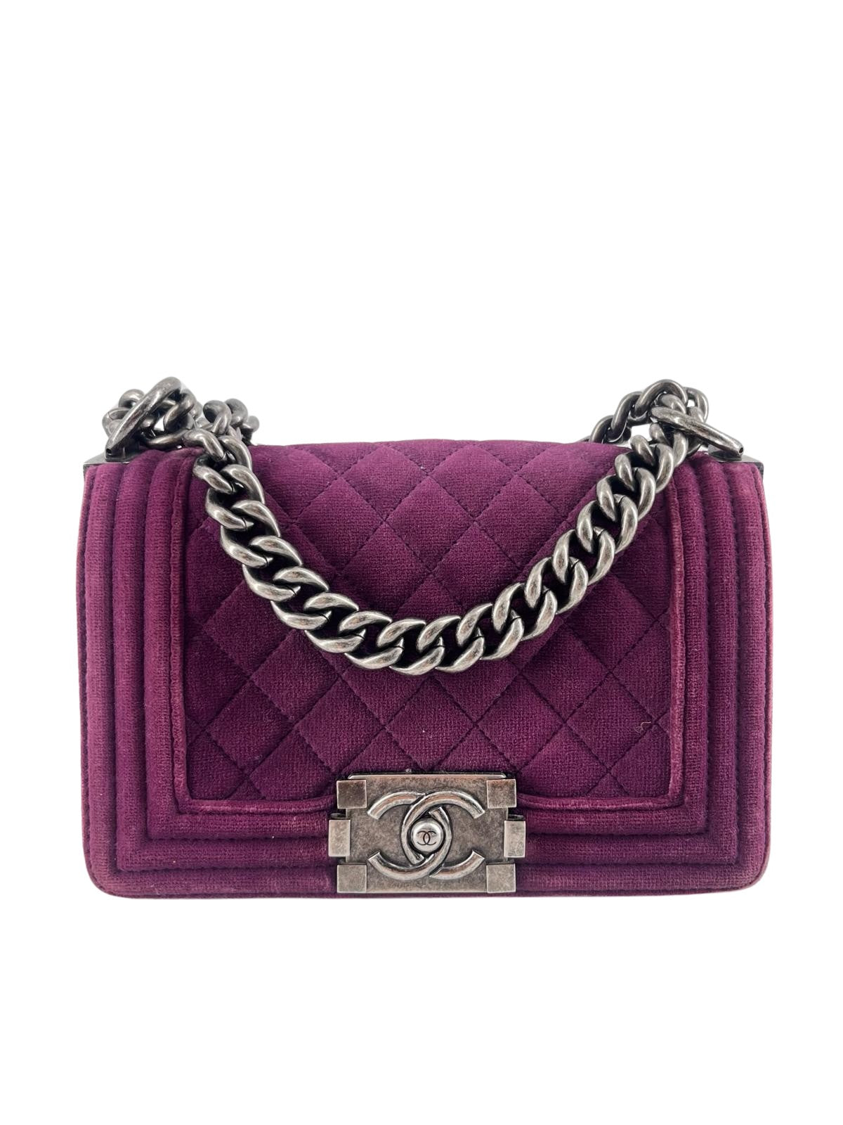 Chanel Boy Flap Bag Quilted Velvet, PURPLE, LEATHER, Shoulder bag