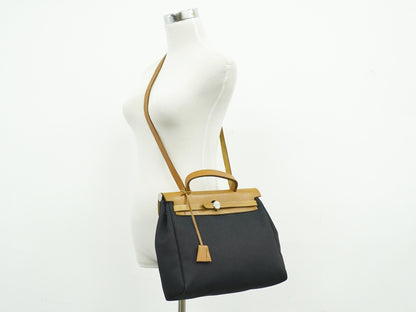 Hermes Herbag Toile and Leather, Black, Canvas, Handbag
