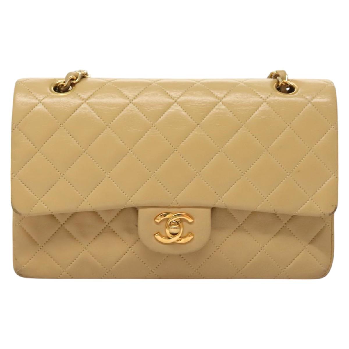 Chanel Vintage Classic Double Flap Bag Quilted Lambskin, BEIGE, LEATHER, Shoulder bag