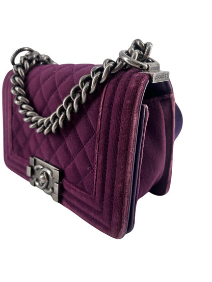 Chanel Boy Flap Bag Quilted Velvet, PURPLE, LEATHER, Shoulder bag