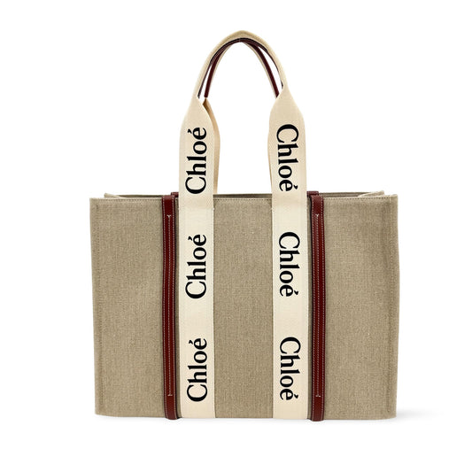 Chloe Woody Canvas with Leather, Brown, Canvas, Tote Bag