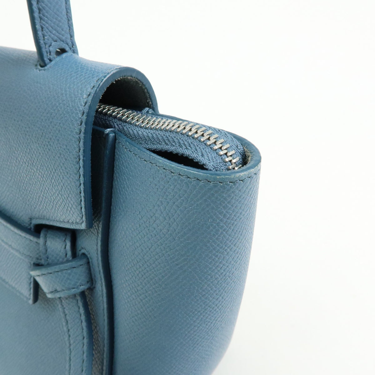 Celine Belt Textured Leather, Blue, Leather, Handbag