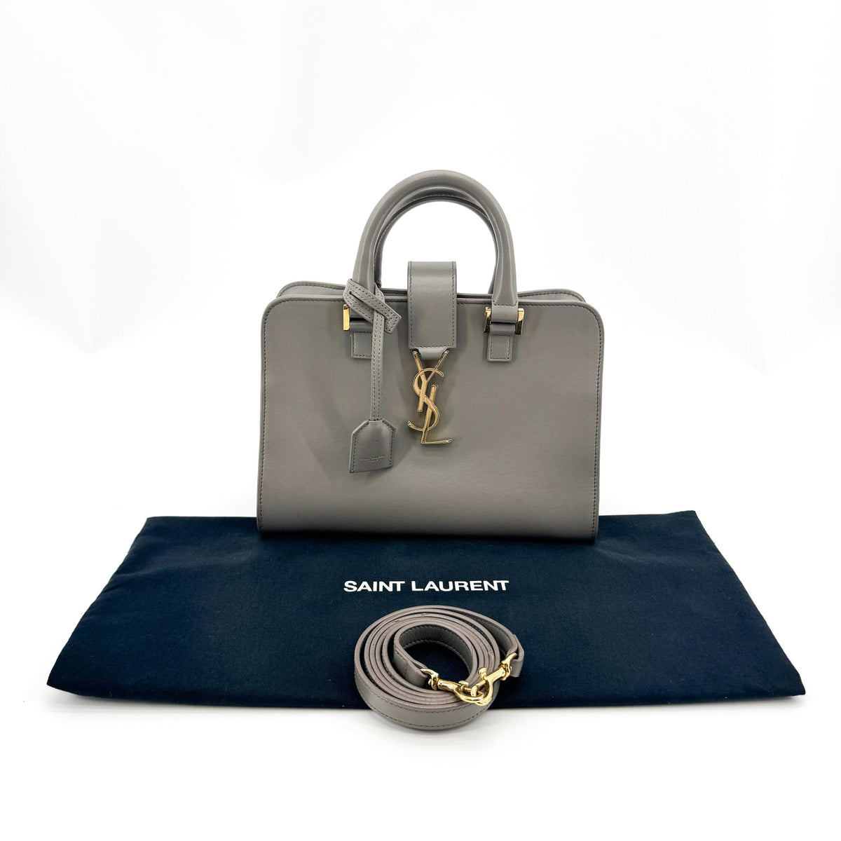Saint Laurent Monogram Cabas Leather, Gray, Leather, Tote Bag