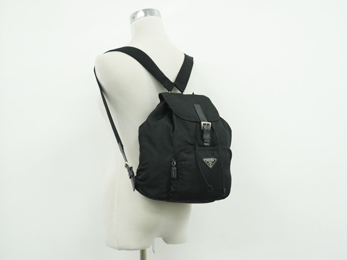 Prada Front Pocket Buckle Nylon, Black, Nylon, Backpack