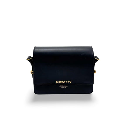 Burberry Grace Flap Horseferry Printed Leather, Black, Leather, Shoulder Bag