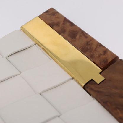 Bottega Veneta The Snap Clutch Maxi Intrecciato Leather with Wood and Metal, White, Leather, Clutch