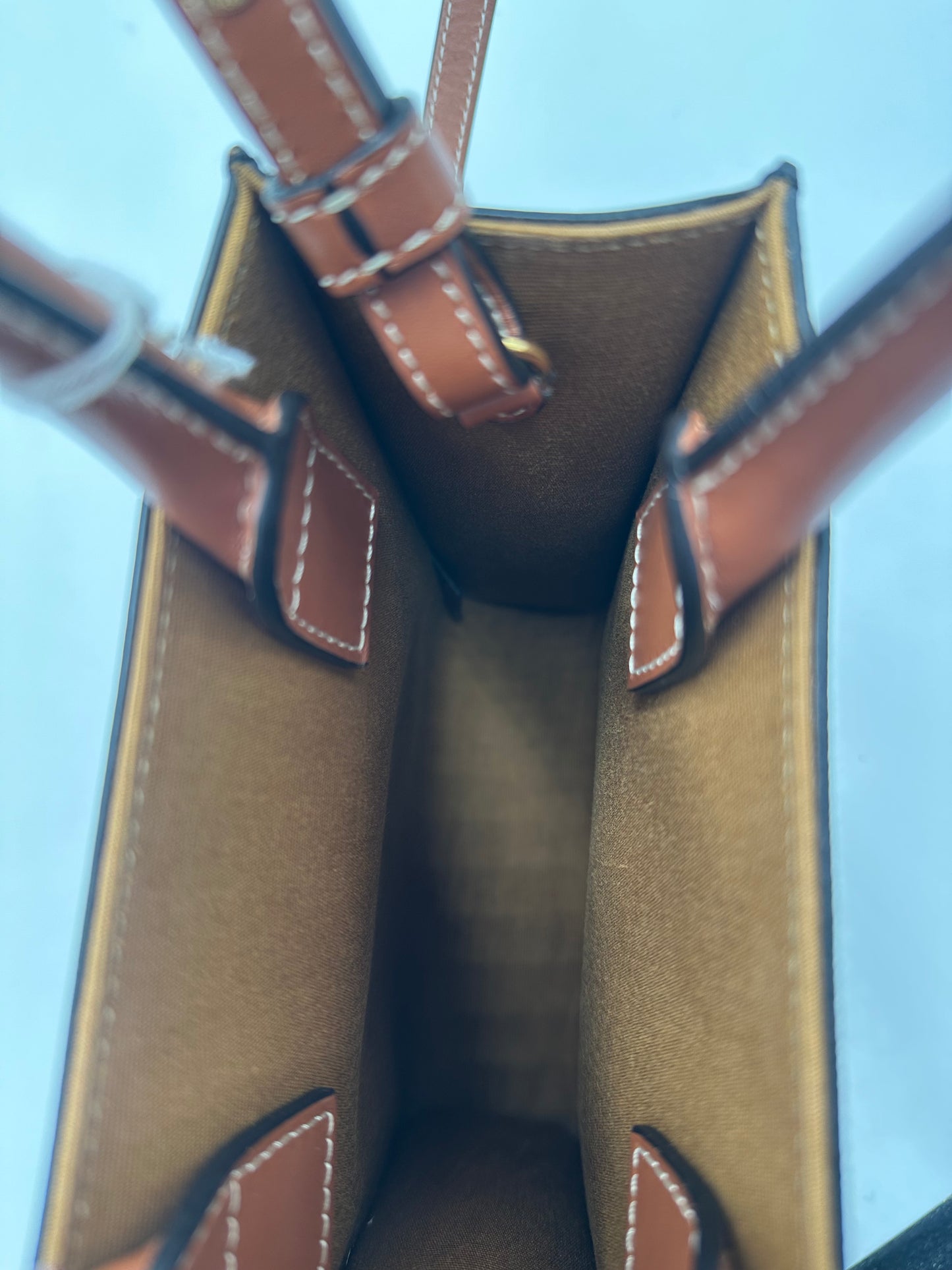 Celine Sulky Vertical Cabas Tote Canvas with Leather, BROWN, LEATHER, Tote bag