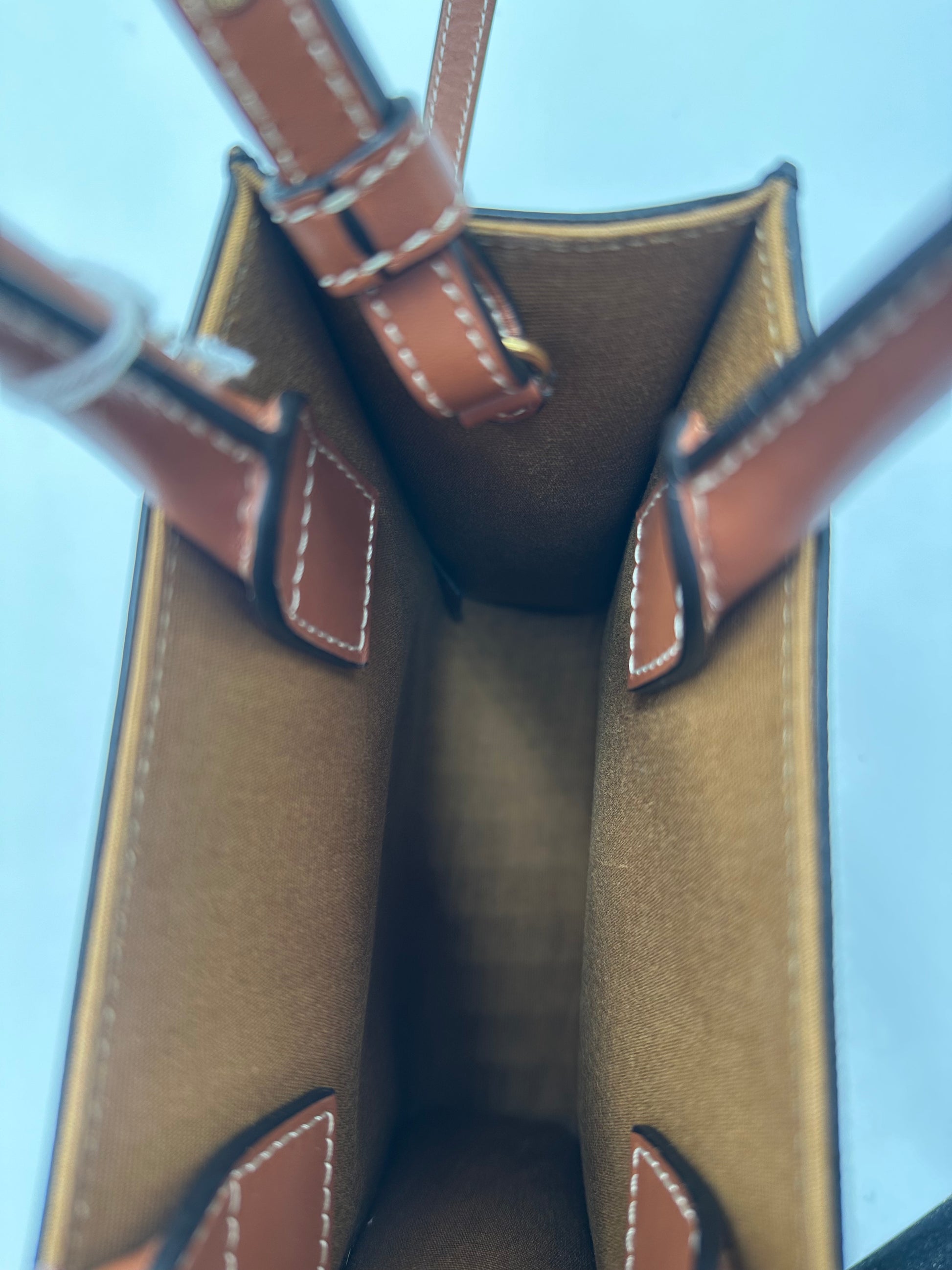 Celine Sulky Vertical Cabas Tote Canvas with Leather, BROWN, LEATHER, Tote bag