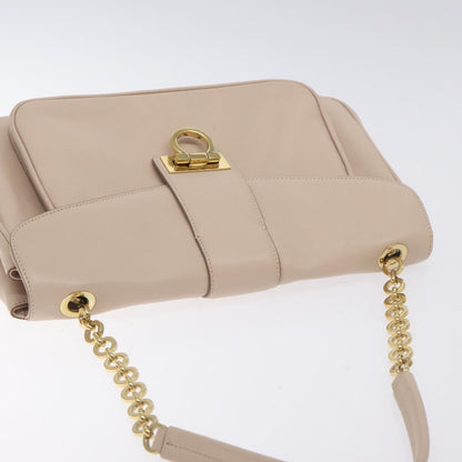 Salvatore Ferragamo Chain Gancini Jacquard with Studded Leather, Beige, Leather, Shoulder Bag