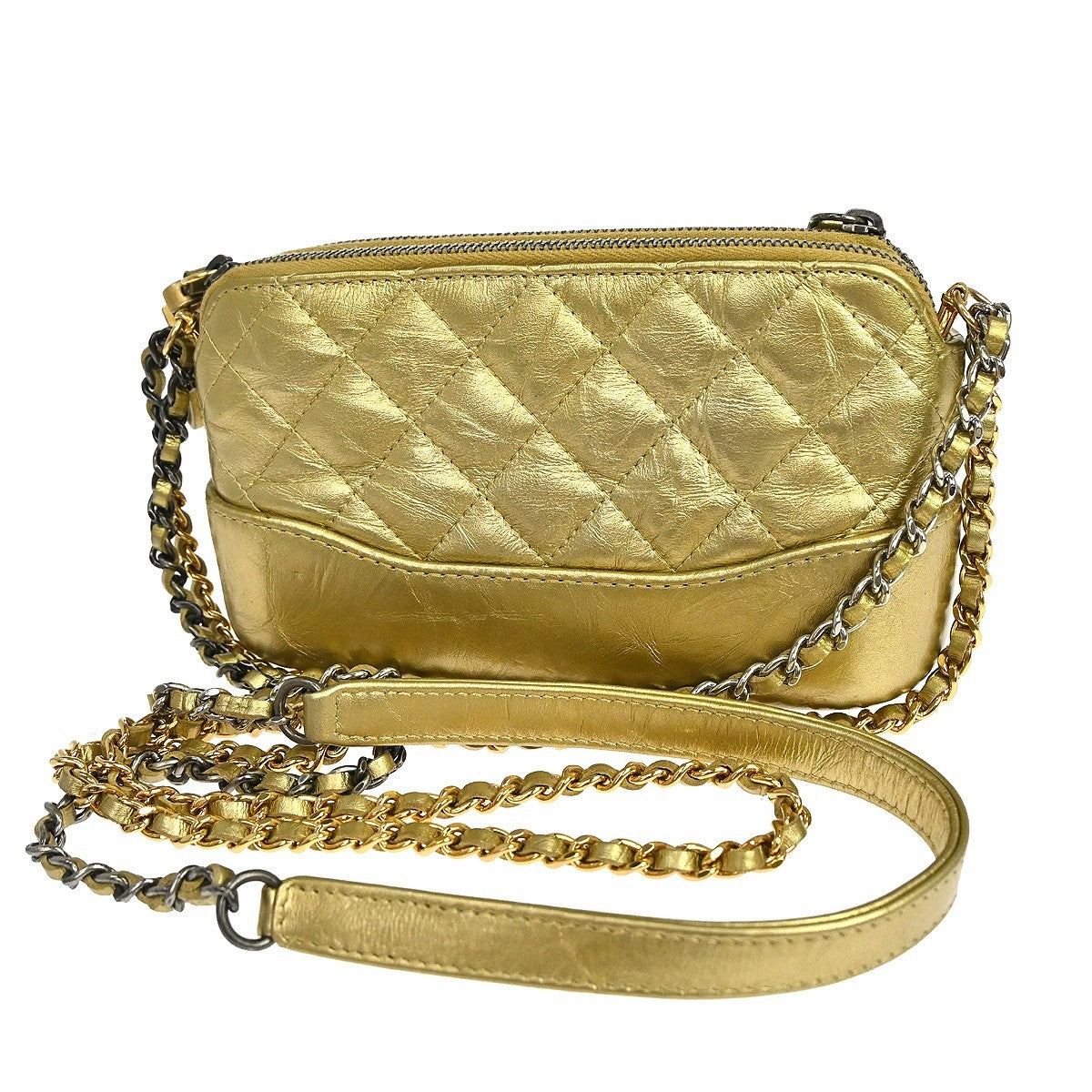 Chanel Gabrielle Double Zip Clutch with Chain Quilted Aged Calfskin, Gold, Leather, Shoulder Bag