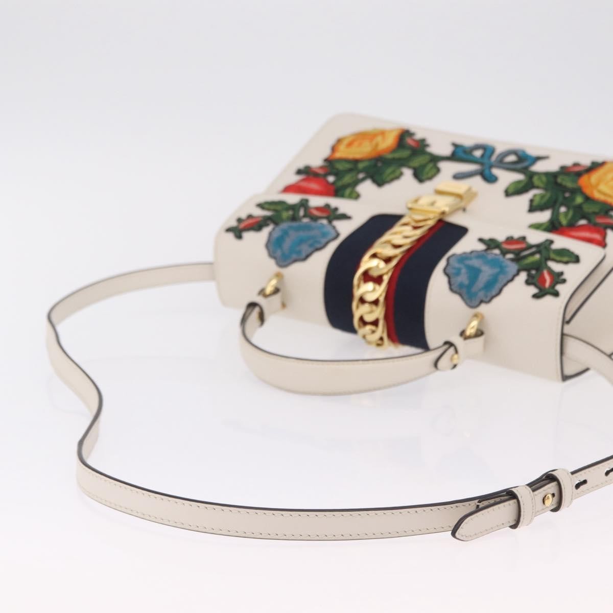Gucci Sylvie Top Handle Embroidered Leather, White, Leather, Handbag