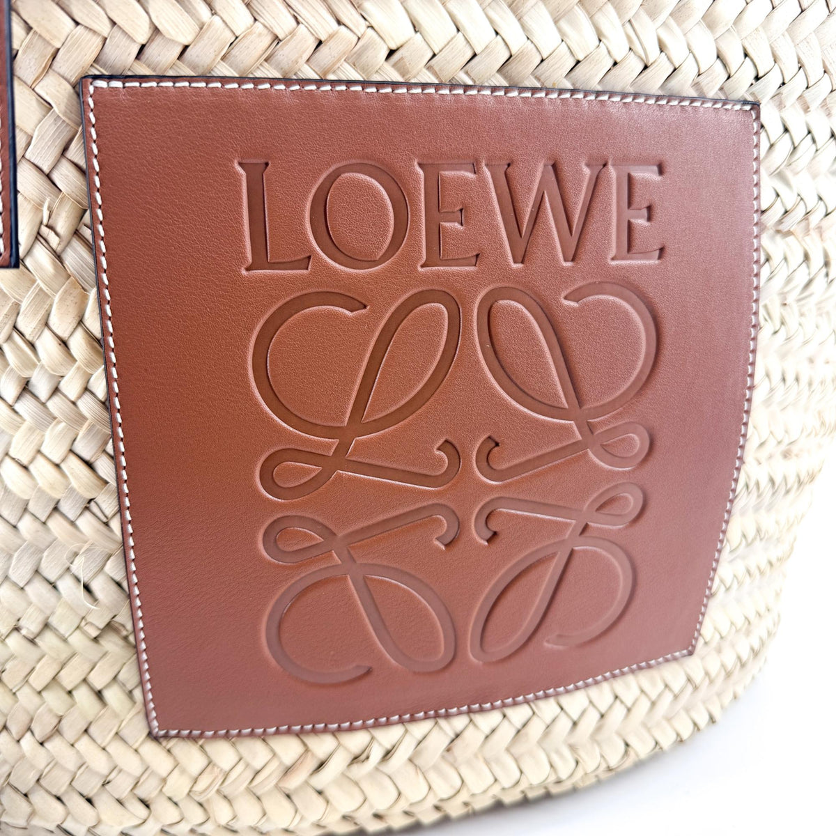 Loewe Elephant Basket Raffia, Brown, Leather, Tote Bag