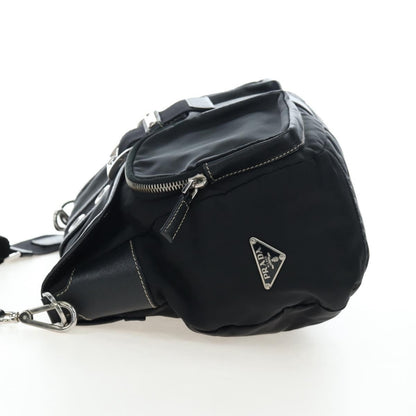 Prada Double Pocket Buckle Flap Tessuto and Leather, Black, Nylon, Handbag
