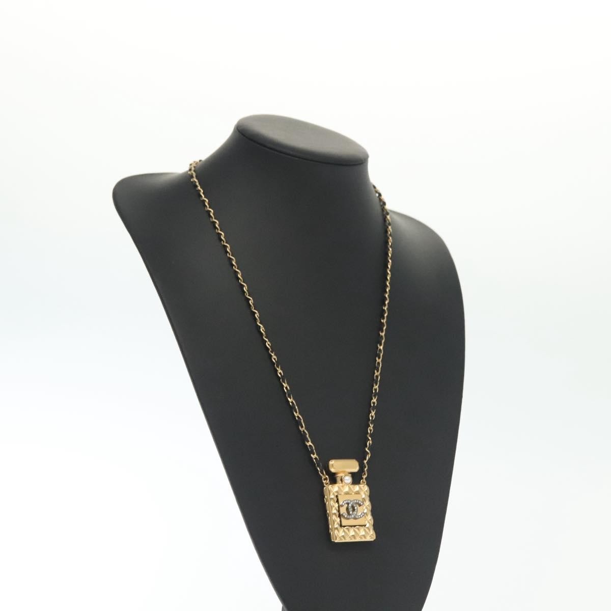 "Chanel CC Perfume Bottle Pendant Chain Long Metal with Leather, Crystals and Faux Pearl", Gold, Metal, Necklace
