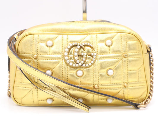 Gucci Pearly GG Marmont Embellished Matelasse Leather, Gold, Leather, Shoulder Bag