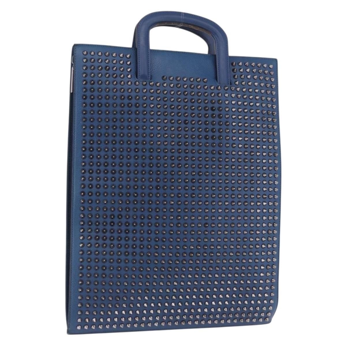 Christian Louboutin Trictrac Portfolio Leather and Spiked Leather, Blue, Leather, Handbag