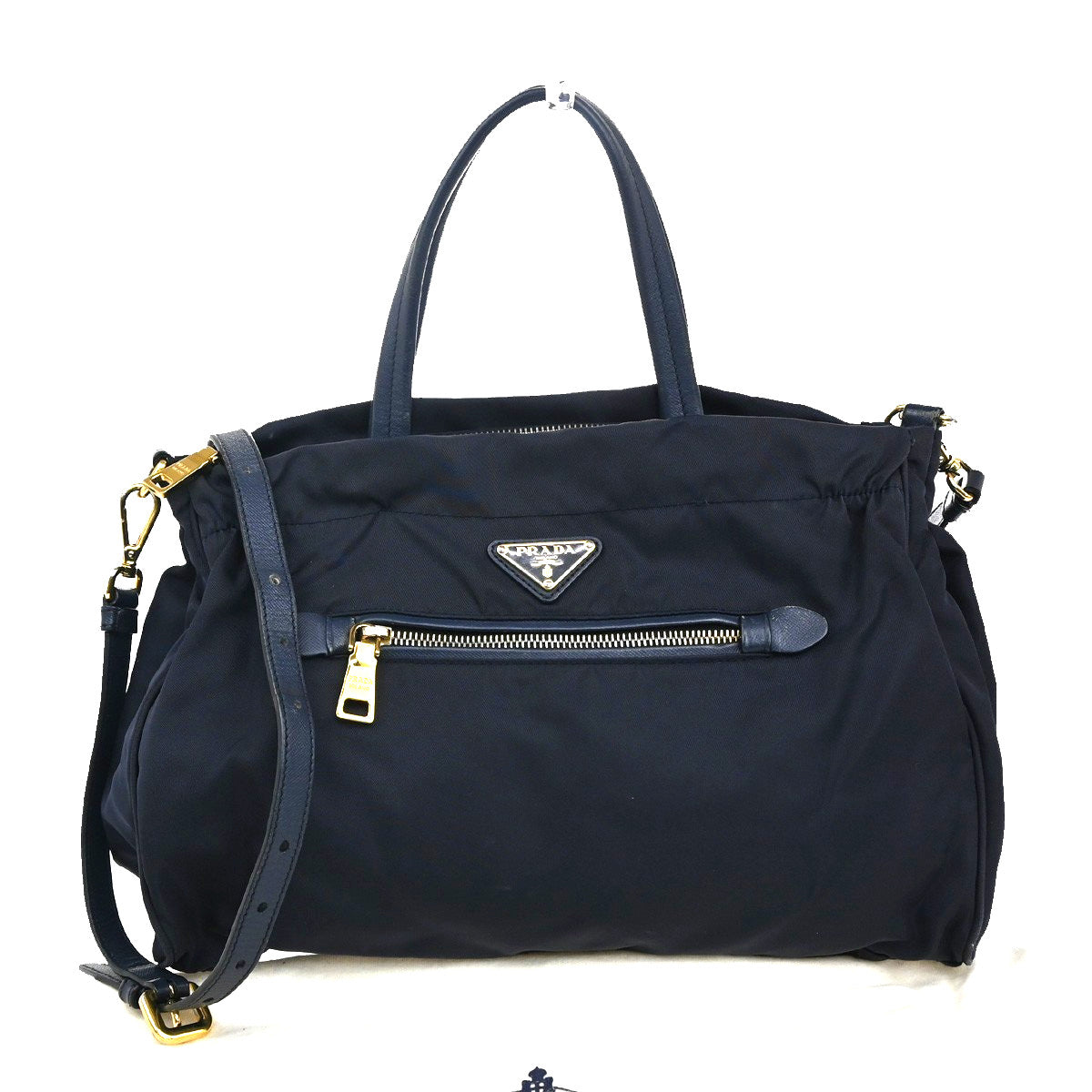 Prada Zip Convertible Shopping Tessuto with Saffiano Leather, Navy, Nylon, Tote Bag
