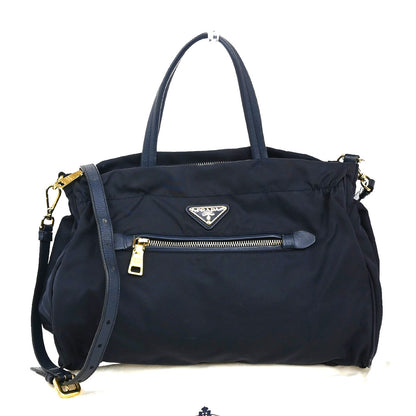 Prada Zip Convertible Shopping Tessuto with Saffiano Leather, Navy, Nylon, Tote Bag