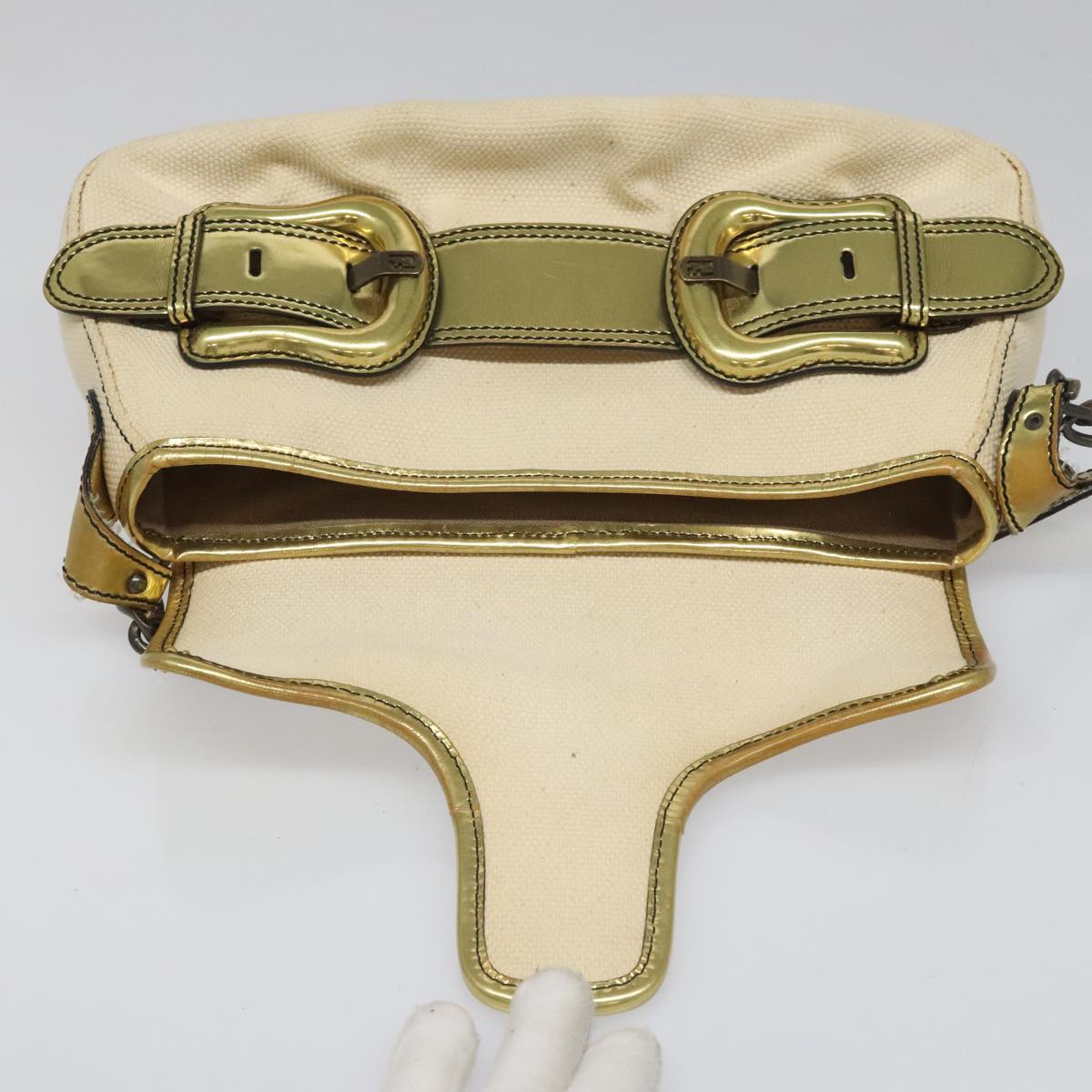 Fendi Chain Baguette Patent, Beige, Canvas, Shoulder Bag