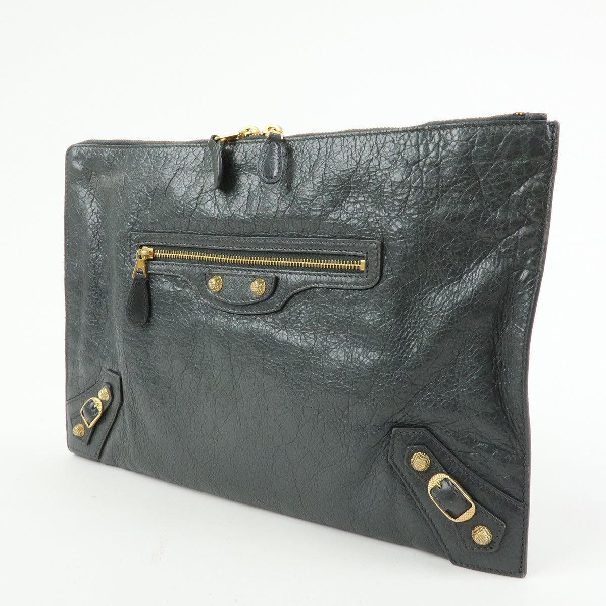 Balenciaga Zip Around Giant Studs Clutch Leather, Gray, Leather, Clutch