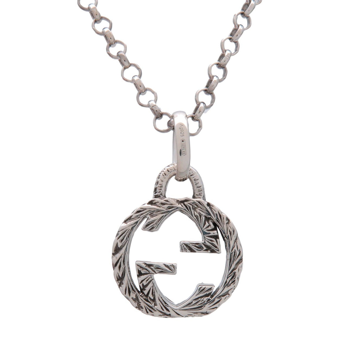 Gucci Engraved Interlocking G Chain Link Pendant Sterling Silver, Silver, Silver, Necklace