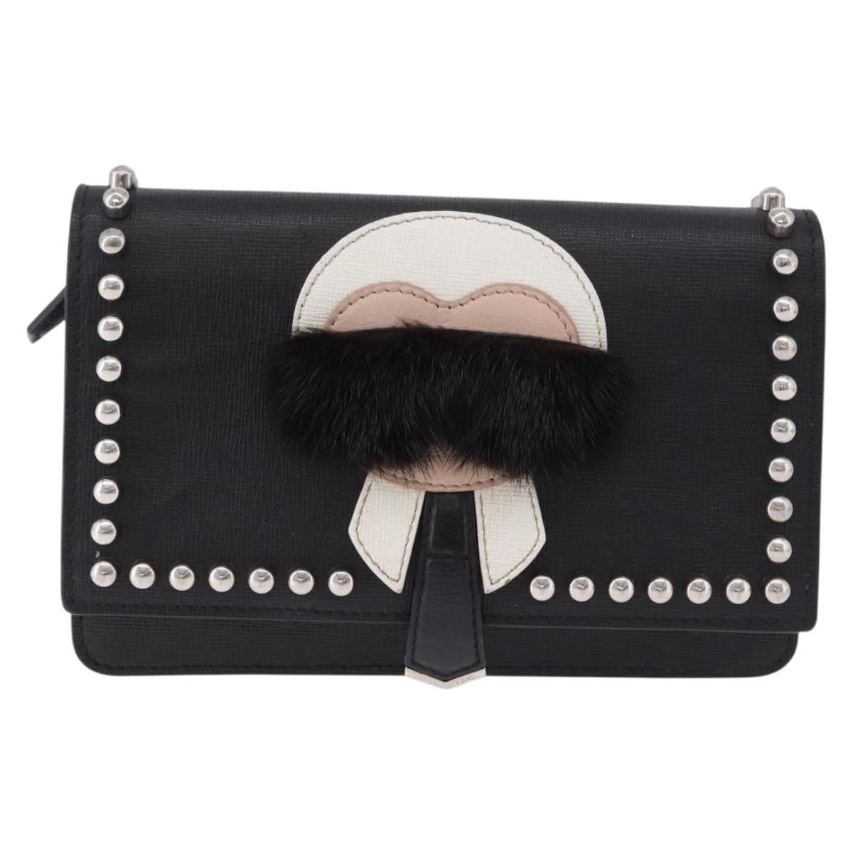 Fendi Karlito Wallet on Chain Studded Saffiano Leather, Black, Leather, Crossbody Bag